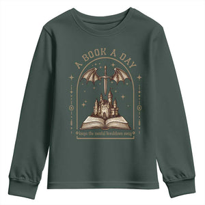 Fantasy Book Lover Youth Sweatshirt A Book A Day Keeps The Mental Breakdown Away TS12 Dark Forest Green Print Your Wear