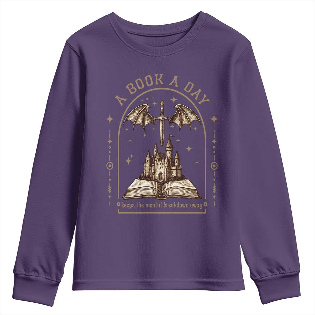 Fantasy Book Lover Youth Sweatshirt A Book A Day Keeps The Mental Breakdown Away TS12 Purple Print Your Wear