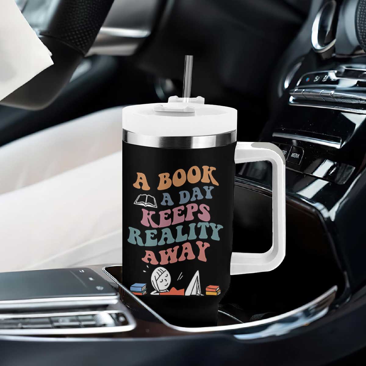 A Book A Day Keeps Reality Away Tumbler With Handle Cute Girl Book Lover TS12 Print Your Wear