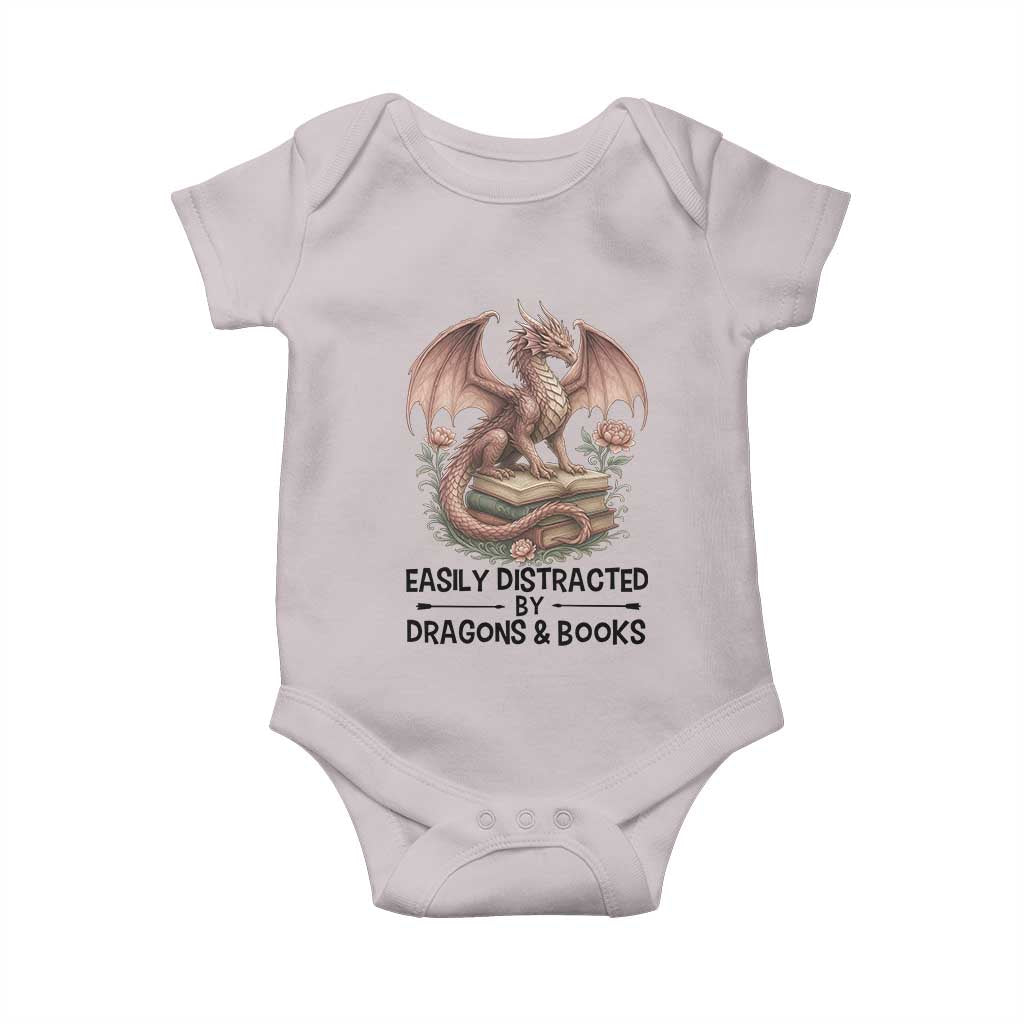 Easily Distracted By Dragon And Books Baby Onesie Funny Book Lover TS12 Ice Gray Print Your Wear