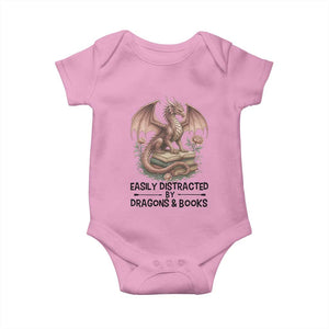 Easily Distracted By Dragon And Books Baby Onesie Funny Book Lover TS12 Light Pink Print Your Wear