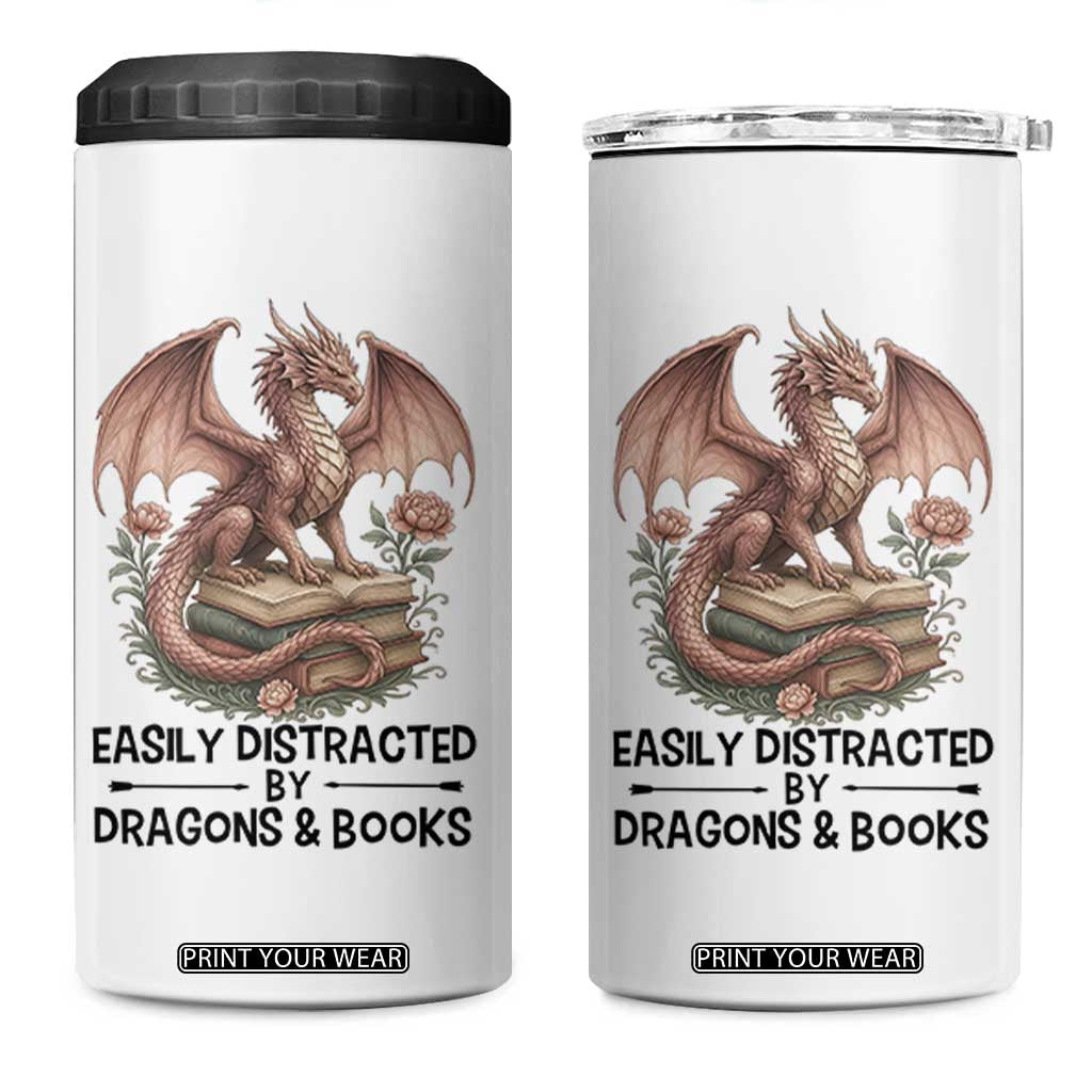 Easily Distracted By Dragon And Books 4 in 1 Can Cooler Tumbler Funny Book Lover TS12 One Size: 16 oz White Print Your Wear