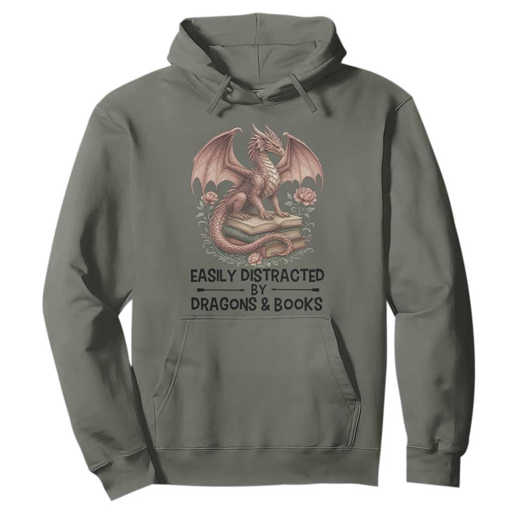 Easily Distracted By Dragon And Books Hoodie Funny Book Lover TS12 Military Green Print Your Wear
