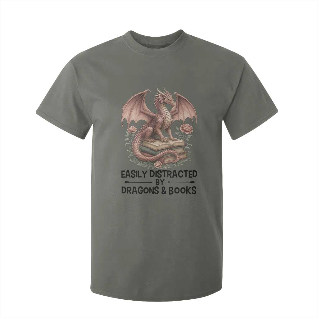 Easily Distracted By Dragon And Books T Shirt For Kid Funny Book Lover TS12 Military Green Print Your Wear