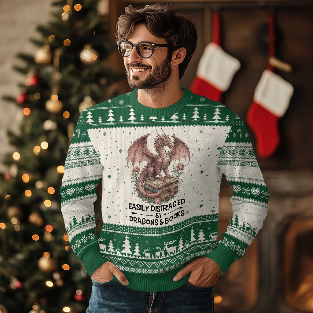 Easily Distracted By Dragon And Books Ugly Christmas Sweater Funny Book Lover TS12 Beige Green Print Your Wear
