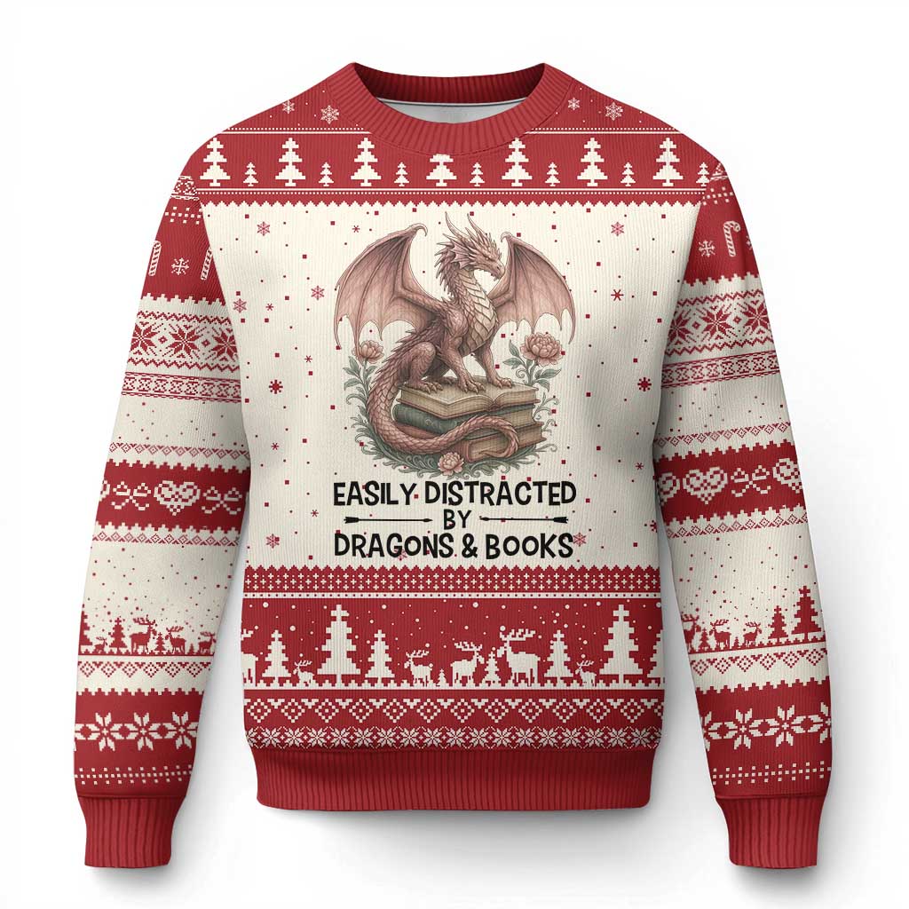 Easily Distracted By Dragon And Books Ugly Christmas Sweater Funny Book Lover TS12 Beige Red Print Your Wear
