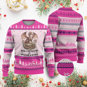 Easily Distracted By Dragon And Books Ugly Christmas Sweater Funny Book Lover TS12 Hot Pink Print Your Wear