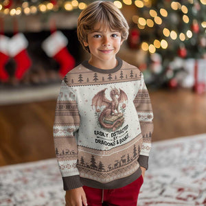 Easily Distracted By Dragon And Books Ugly Christmas Sweater Funny Book Lover TS12 Mocha Mousse Print Your Wear