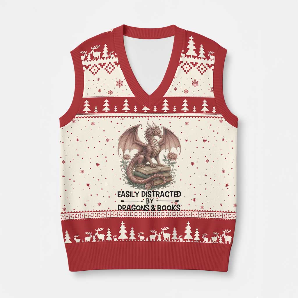 Easily Distracted By Dragon And Books V-Neck Knit Sweater Vest Funny Book Lover TS12 Beige Red Print Your Wear