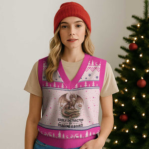 Easily Distracted By Dragon And Books V-Neck Knit Sweater Vest Funny Book Lover TS12 Hot Pink Print Your Wear