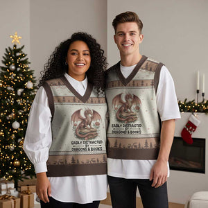 Easily Distracted By Dragon And Books V-Neck Knit Sweater Vest Funny Book Lover TS12 Mocha Mousse Print Your Wear