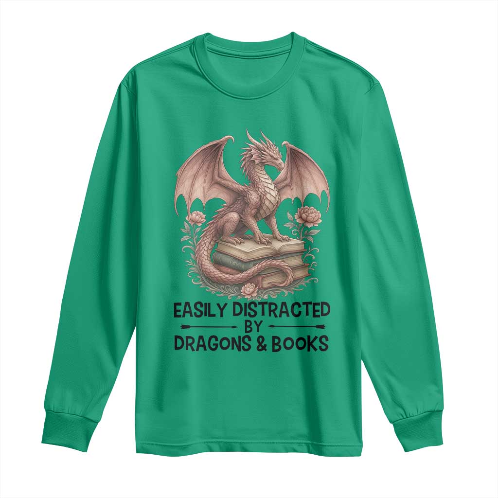 Easily Distracted By Dragon And Books Long Sleeve Shirt Funny Book Lover TS12 Irish Green Print Your Wear