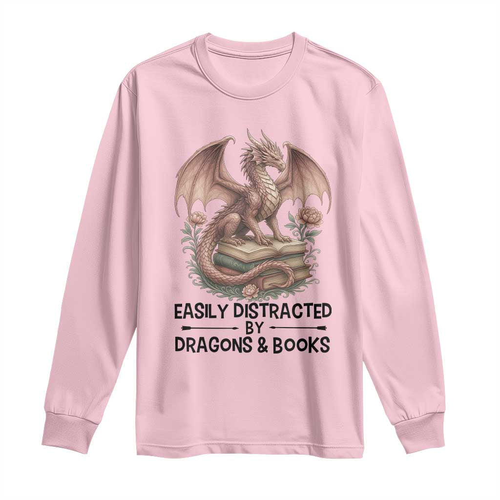 Easily Distracted By Dragon And Books Long Sleeve Shirt Funny Book Lover TS12 Light Pink Print Your Wear