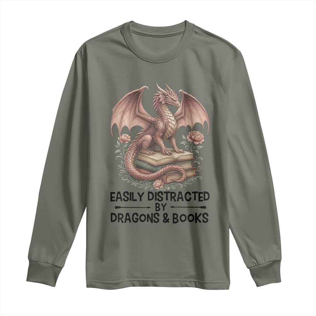 Easily Distracted By Dragon And Books Long Sleeve Shirt Funny Book Lover TS12 Military Green Print Your Wear