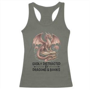 Easily Distracted By Dragon And Books Racerback Tank Top Funny Book Lover TS12 Military Green Print Your Wear