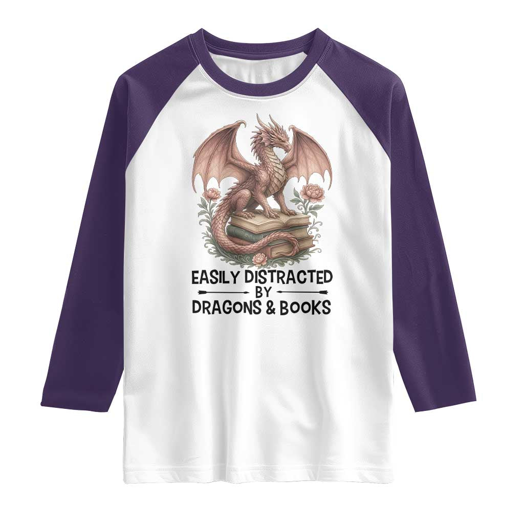 Easily Distracted By Dragon And Books Raglan Shirt Funny Book Lover TS12 White Purple Print Your Wear