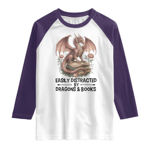 Easily Distracted By Dragon And Books Raglan Shirt Funny Book Lover TS12 White Purple Print Your Wear
