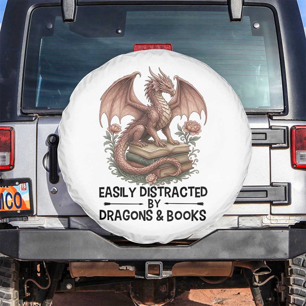 Easily Distracted By Dragon And Books Spare Tire Cover Funny Book Lover TS12 No hole White Print Your Wear