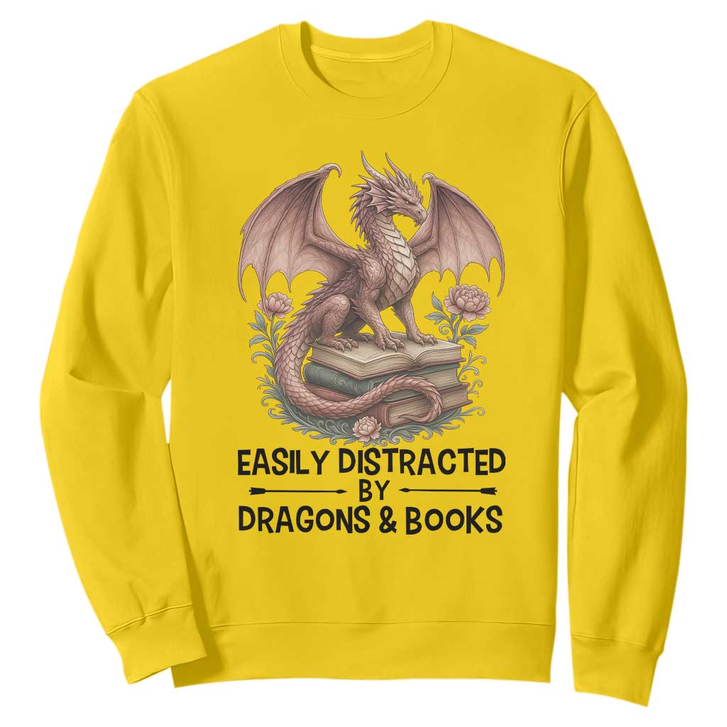 Easily Distracted By Dragon And Books Sweatshirt Funny Book Lover TS12 Daisy Print Your Wear