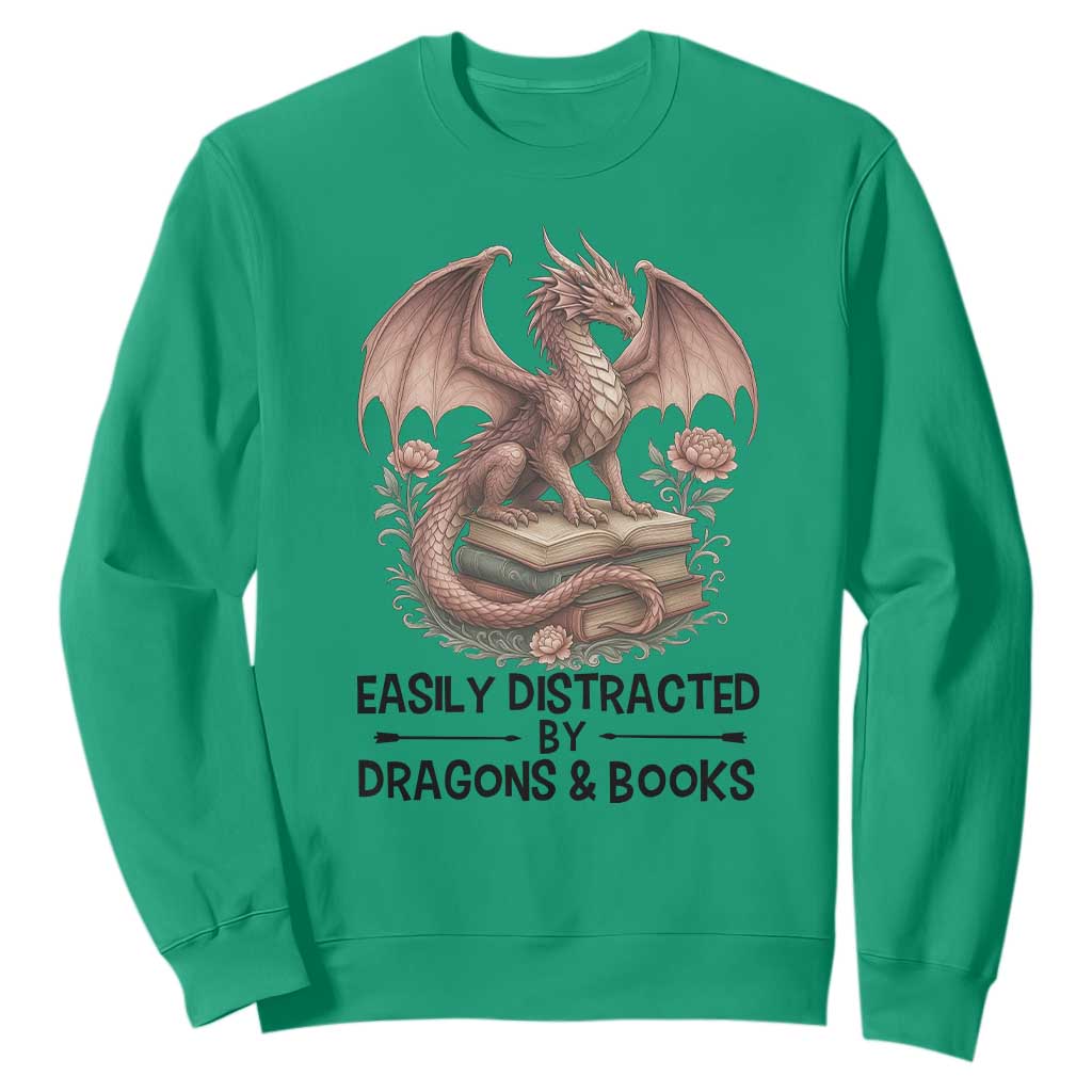 Easily Distracted By Dragon And Books Sweatshirt Funny Book Lover TS12 Irish Green Print Your Wear