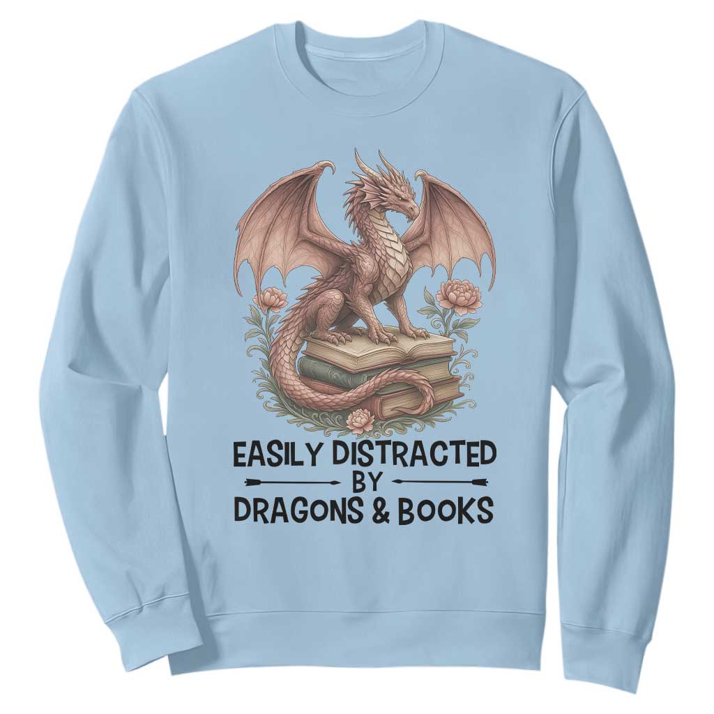 Easily Distracted By Dragon And Books Sweatshirt Funny Book Lover TS12 Light Blue Print Your Wear
