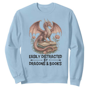 Easily Distracted By Dragon And Books Sweatshirt Funny Book Lover TS12 Light Blue Print Your Wear