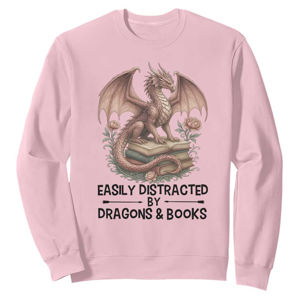 Easily Distracted By Dragon And Books Sweatshirt Funny Book Lover TS12 Light Pink Print Your Wear