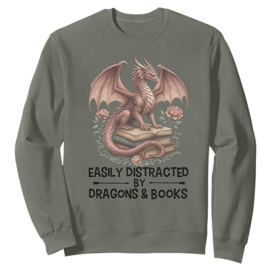 Easily Distracted By Dragon And Books Sweatshirt Funny Book Lover TS12 Military Green Print Your Wear