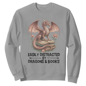 Easily Distracted By Dragon And Books Sweatshirt Funny Book Lover TS12 Sport Gray Print Your Wear
