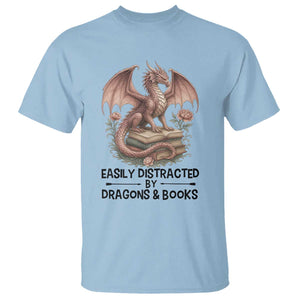 Easily Distracted By Dragon And Books T Shirt Funny Book Lover TS12 Light Blue Print Your Wear