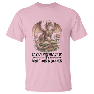 Easily Distracted By Dragon And Books T Shirt Funny Book Lover TS12 Light Pink Print Your Wear