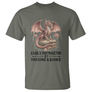 Easily Distracted By Dragon And Books T Shirt Funny Book Lover TS12 Military Green Print Your Wear