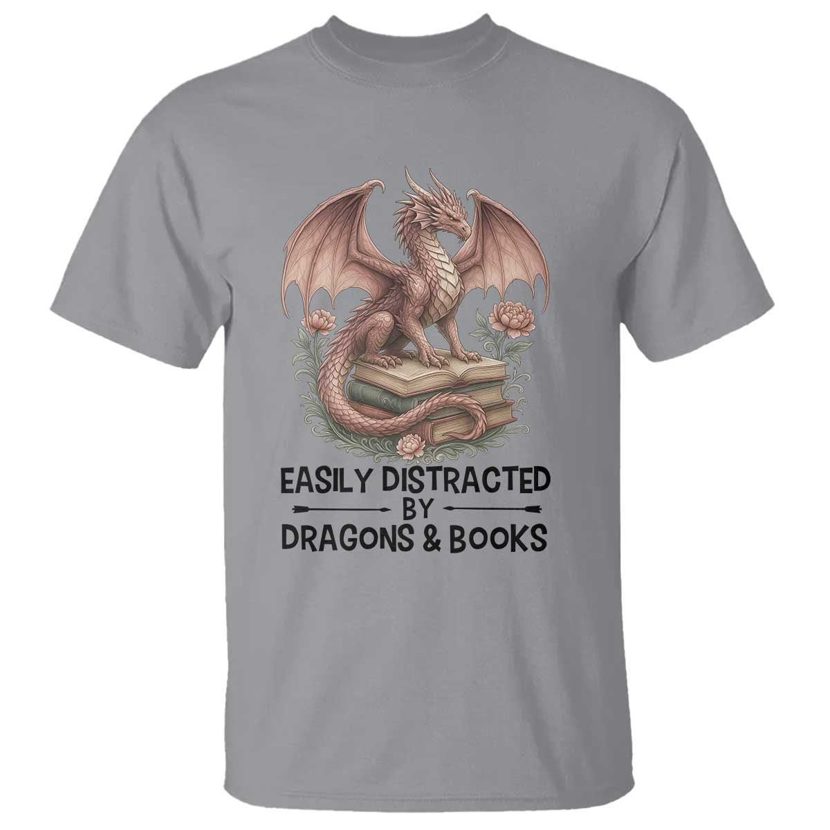 Easily Distracted By Dragon And Books T Shirt Funny Book Lover TS12 Sport Gray Print Your Wear