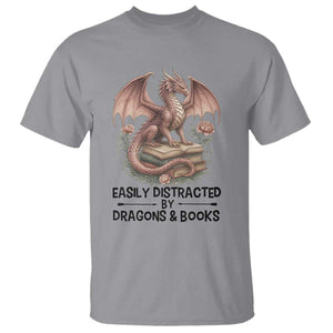 Easily Distracted By Dragon And Books T Shirt Funny Book Lover TS12 Sport Gray Print Your Wear