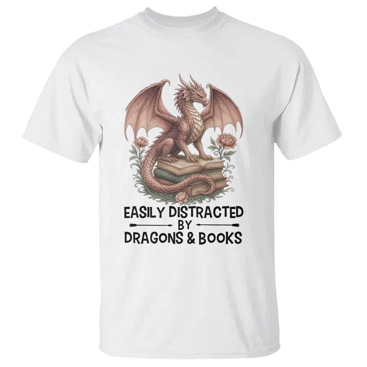 Easily Distracted By Dragon And Books T Shirt Funny Book Lover TS12 White Print Your Wear