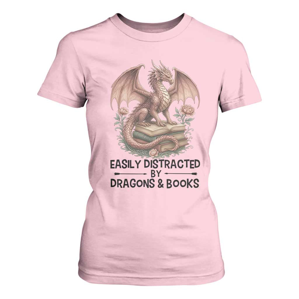 Easily Distracted By Dragon And Books T Shirt For Women Funny Book Lover TS12 Light Pink Print Your Wear