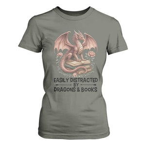 Easily Distracted By Dragon And Books T Shirt For Women Funny Book Lover TS12 Military Green Print Your Wear