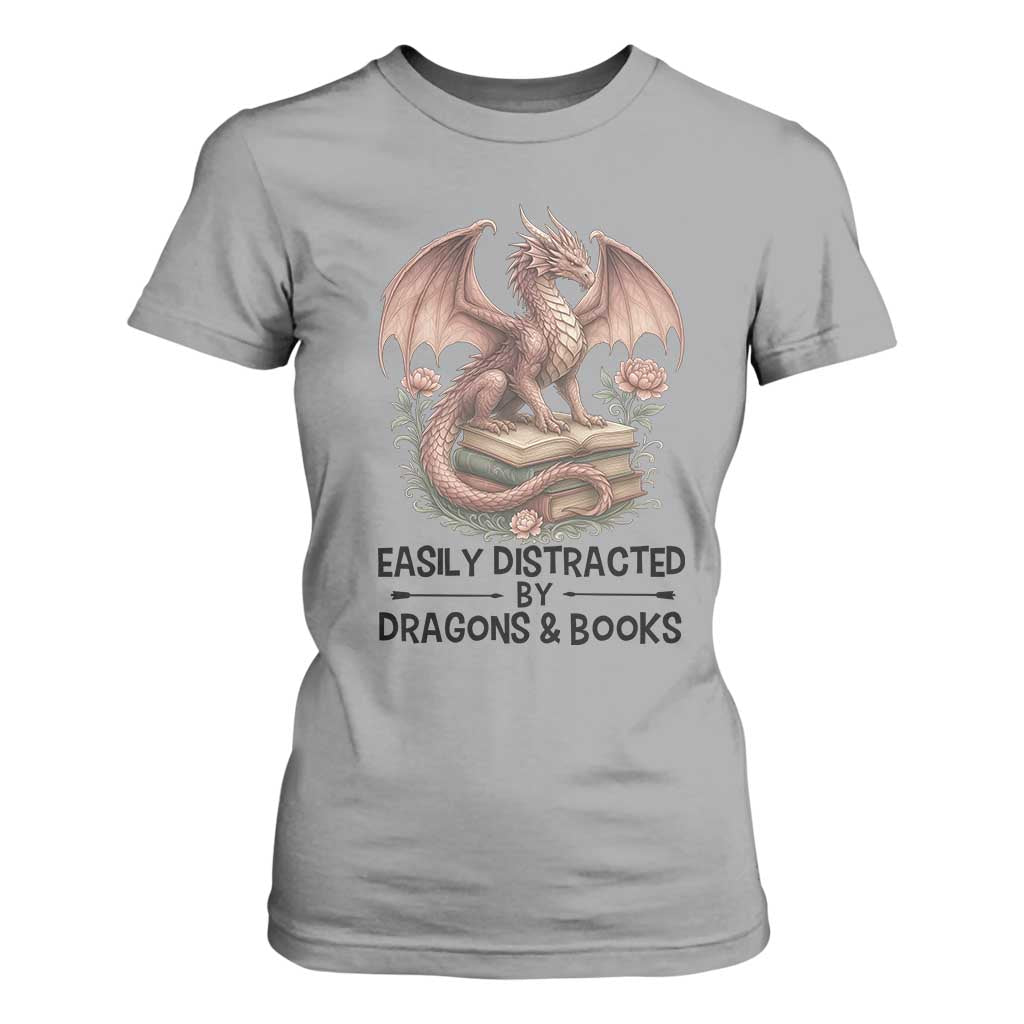 Easily Distracted By Dragon And Books T Shirt For Women Funny Book Lover TS12 Sport Gray Print Your Wear