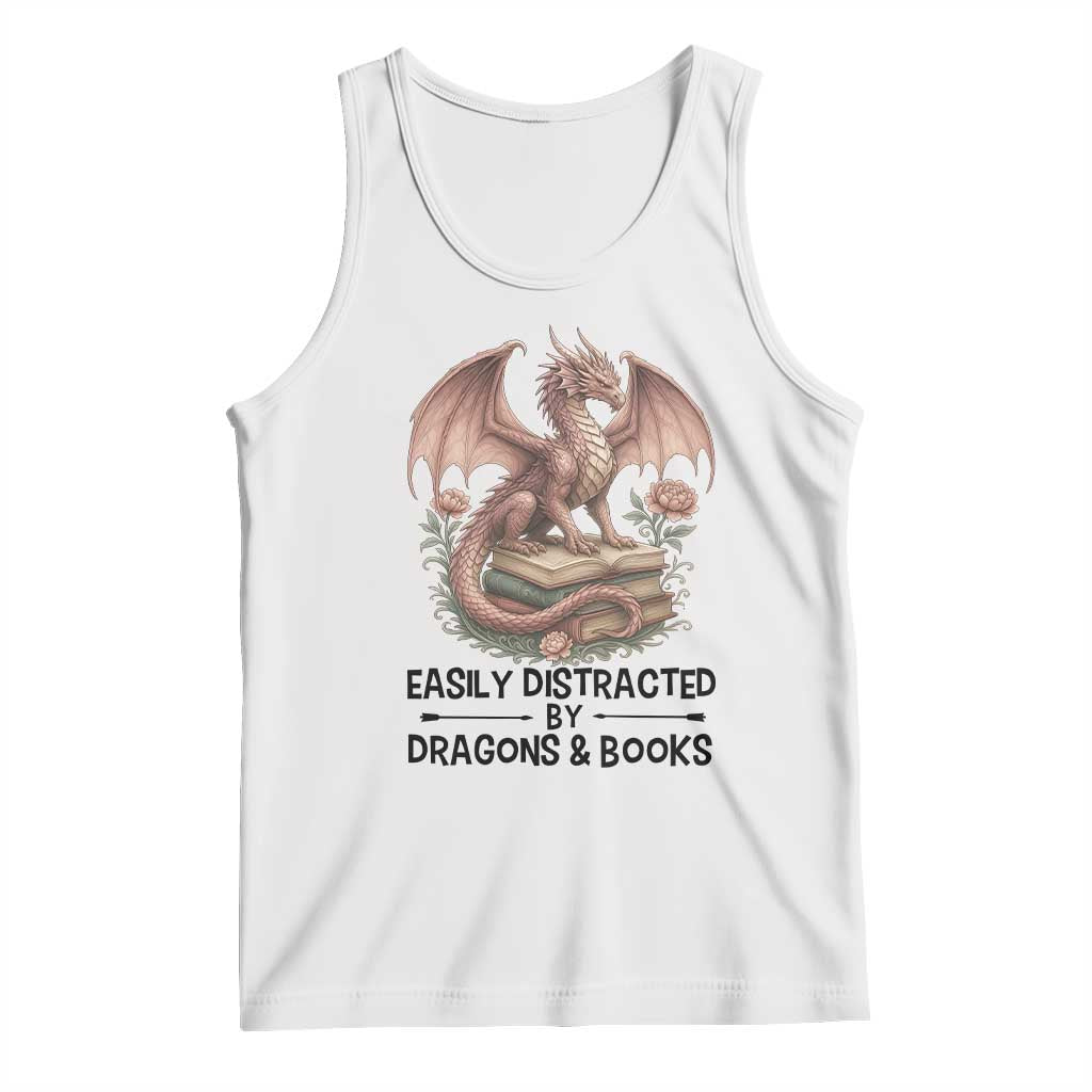 Easily Distracted By Dragon And Books Tank Top Funny Book Lover TS12 White Print Your Wear