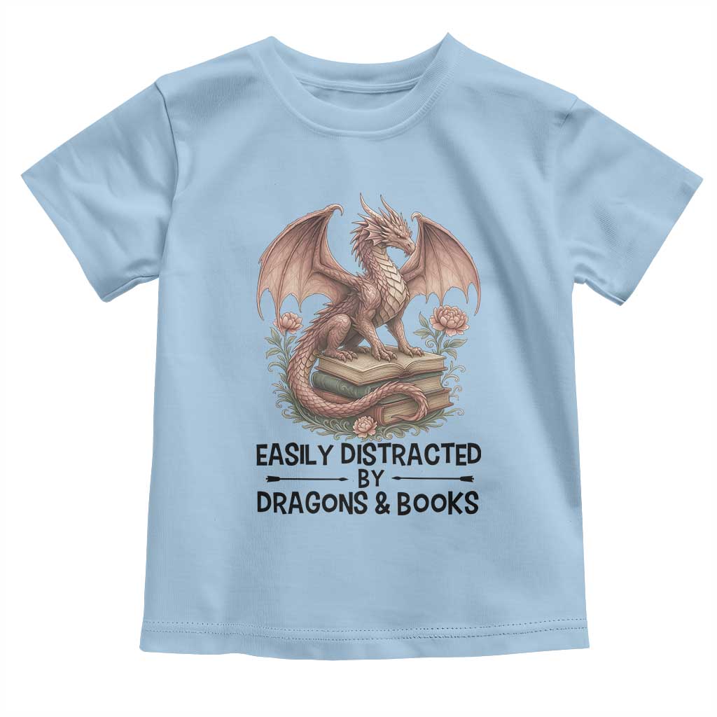 Easily Distracted By Dragon And Books Toddler T Shirt Funny Book Lover TS12 Light Blue Print Your Wear