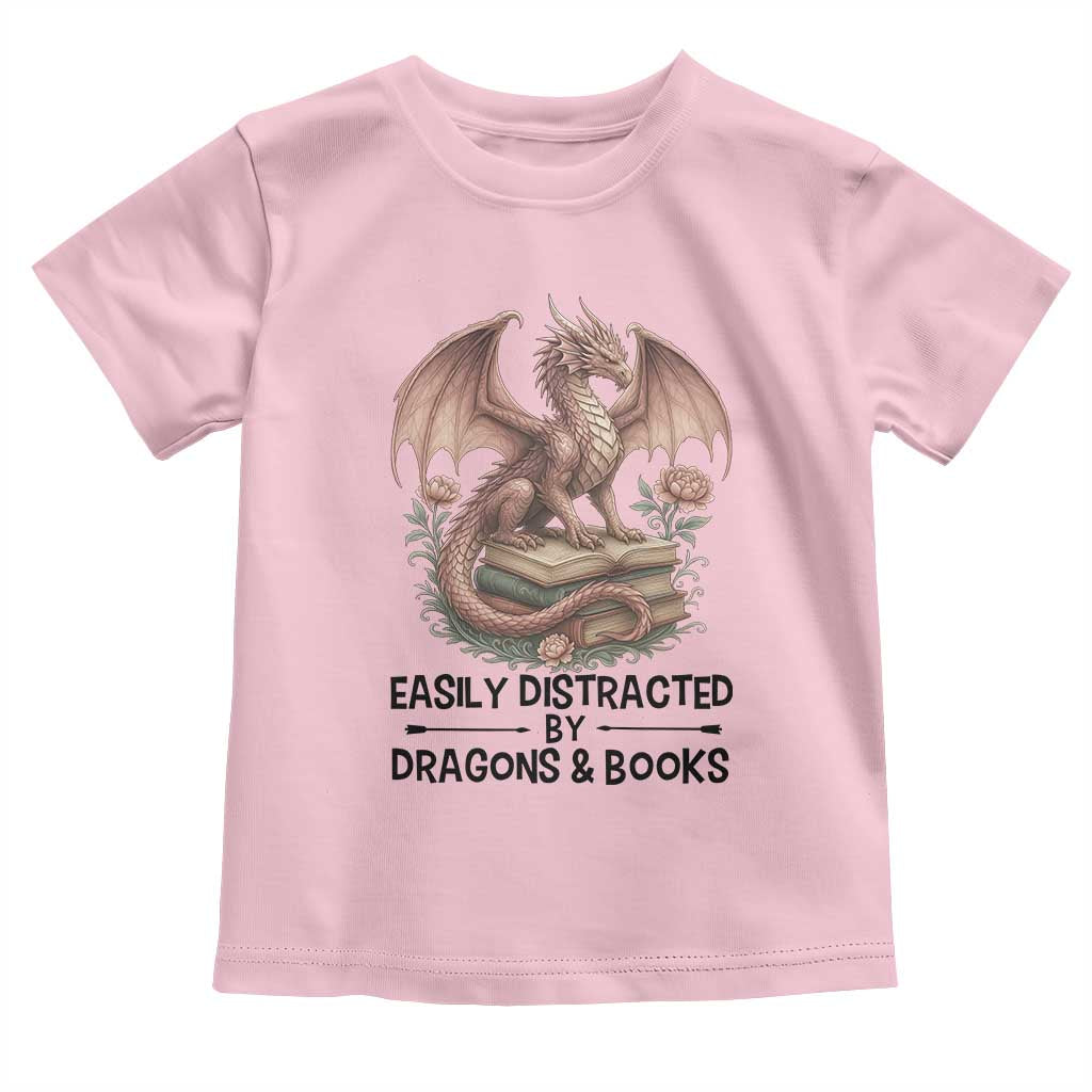 Easily Distracted By Dragon And Books Toddler T Shirt Funny Book Lover TS12 Light Pink Print Your Wear