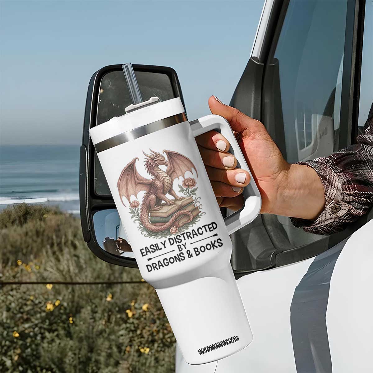 Easily Distracted By Dragon And Books Tumbler With Handle Funny Book Lover TS12 Print Your Wear
