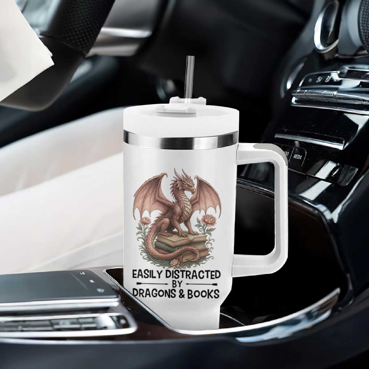 Easily Distracted By Dragon And Books Tumbler With Handle Funny Book Lover TS12 Print Your Wear
