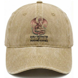 Easily Distracted By Dragon And Books Washed Cotton Baseball Cap Funny Book Lover TS12 Print Your Wear