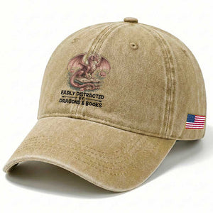 Easily Distracted By Dragon And Books Washed Cotton Baseball Cap Funny Book Lover TS12 Print Your Wear