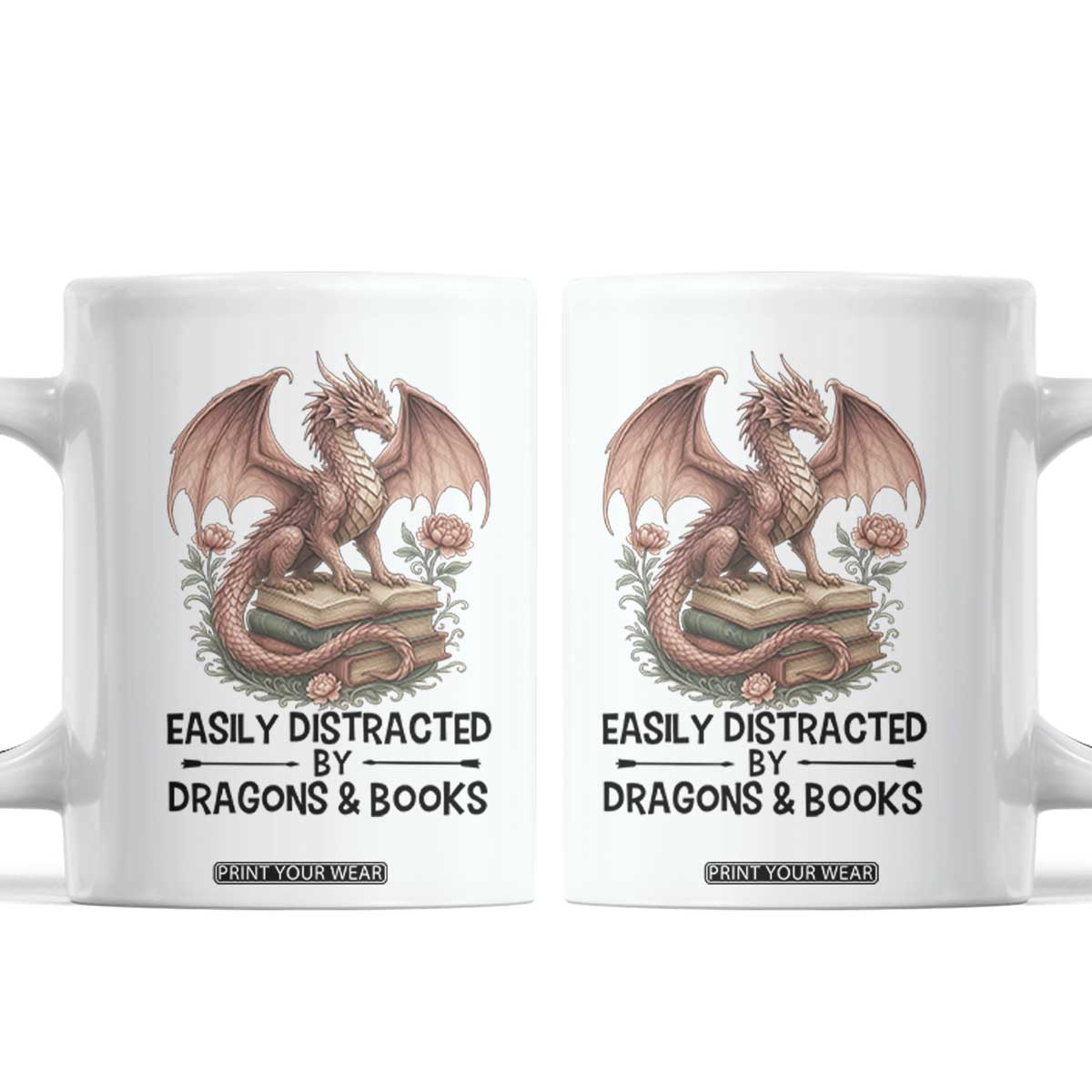 Easily Distracted By Dragon And Books Coffee Mug Funny Book Lover TS12 White Print Your Wear