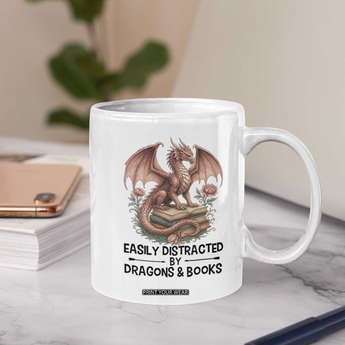 Easily Distracted By Dragon And Books Coffee Mug Funny Book Lover TS12 Print Your Wear