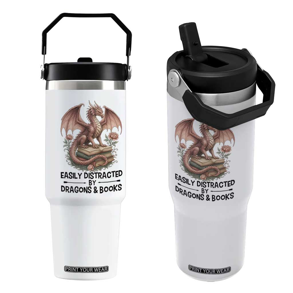 Easily Distracted By Dragon And Books Flip Straw Tumbler Funny Book Lover TS12 One Size: 30 oz White Print Your Wear