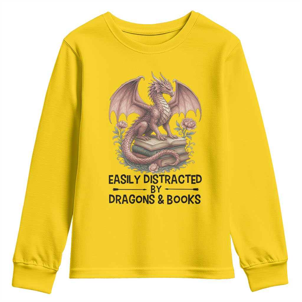 Easily Distracted By Dragon And Books Youth Sweatshirt Funny Book Lover TS12 Daisy Print Your Wear