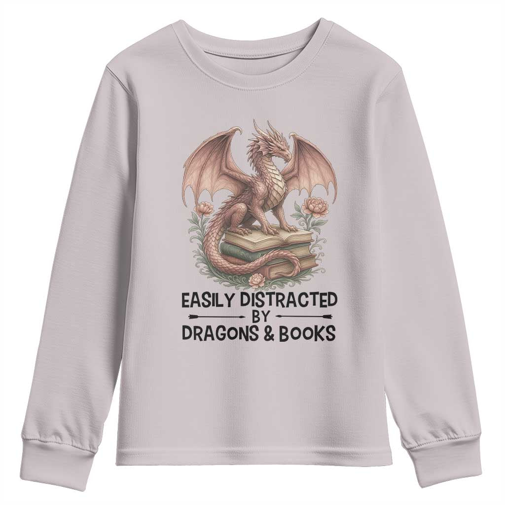 Easily Distracted By Dragon And Books Youth Sweatshirt Funny Book Lover TS12 Ice Gray Print Your Wear